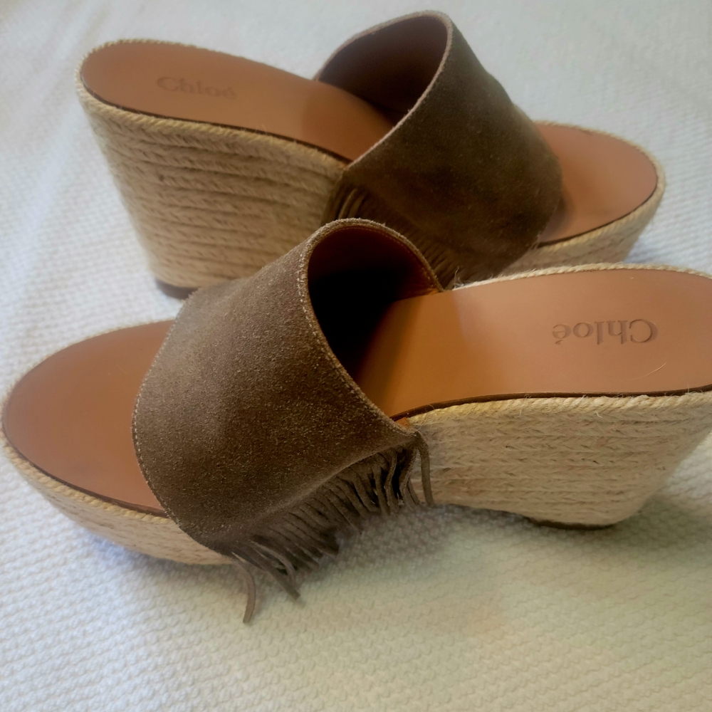 Chloe Suede Fringe Espadrille Wedge Platform Sandal Tan Women’s Size EU 38